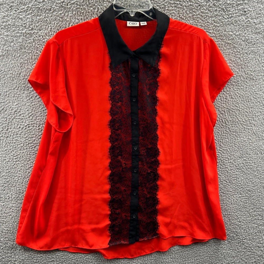 Womens Coral Black Lace Blouse 26/28W Victorian Gothic Romantic Button Office
